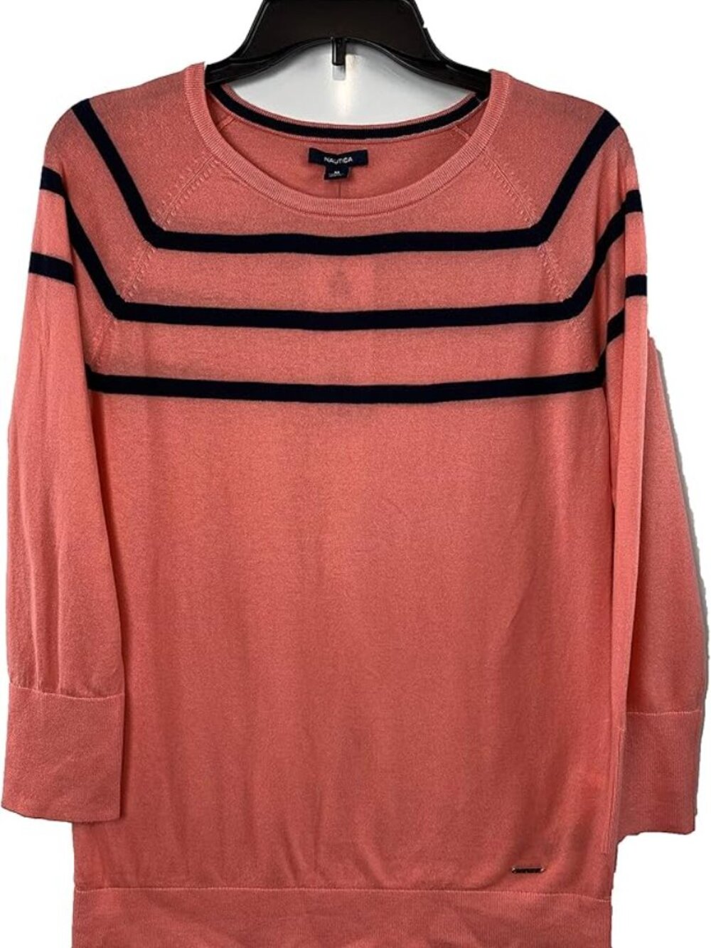 Nautica Women's Crew Neck Sweater/Shirt Raglan Sleeve Size M  Striped Pink